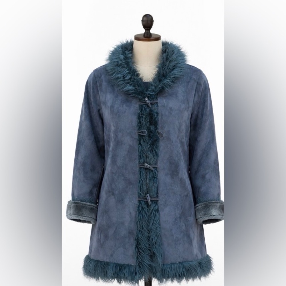North Legend Faux Shearling Coat Boho Toggle Fur Trim Embroidered